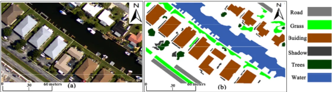 Figure 4. First study area: (a) Aerial image with 0.32 m spatial resolution and (b) Ground reference  data
