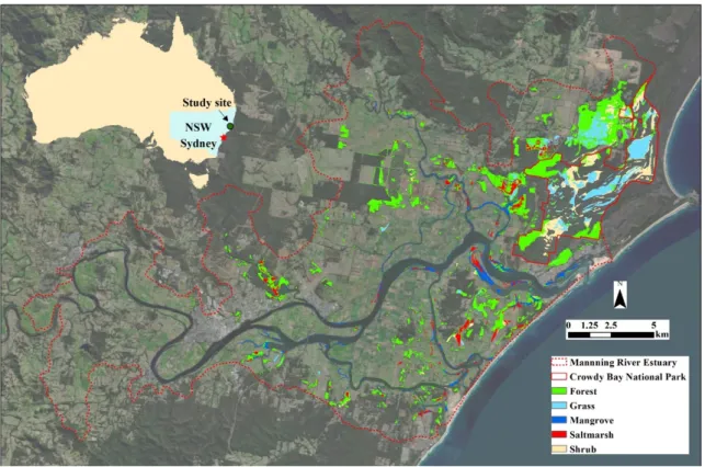 Figure 1. Manning River Estuary and the distribution of major wetland types. The Crowdy Bay  National Park (&gt;11,700 ha) is to the north of the estuary entrance