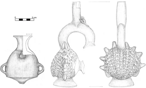Figure 4.  Chimú-Inka vessels from Samanco including an aryballo and a stirrup-spout bottle in the form of a Spondylus (drawing by Matthew Helmer).