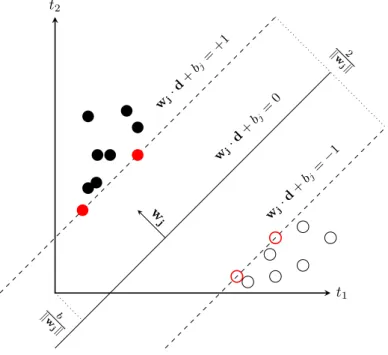 Figure 2.1: An example of a hyperplane which brings the largest separation margin of documents for class c j 