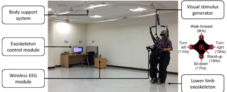 Fig 1. Experimental environment. Subject wearing the lower-limb exoskeleton and focusing on an LED from the visual stimulus generator.
