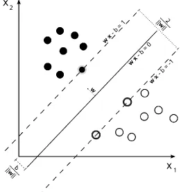 Figure 2 - The Support Vector Machine in a two-dimensional plane trained on data with two classes 
