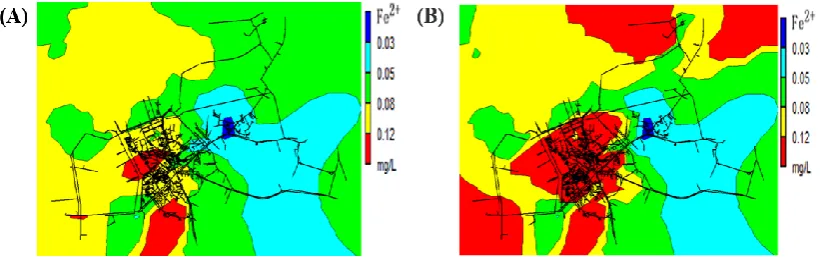 Figure 10. Contour map of the ferrous ions concentration of the EPANET (A) and the improved EPANET (B) From the contour map, it can be seen that the calculation results had a significant difference 