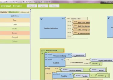 Fig. 1: App-Inventor (example screenshot of one project) – editor view, code  of the “English App“ (matching of German and English sentences) created by  students [29])