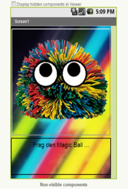 Fig. 4: App “Magic Ball”, screenshot of THE Android device, with a  field called “Frag den Magic Ball …” (“Ask the Magic Ball” [29])