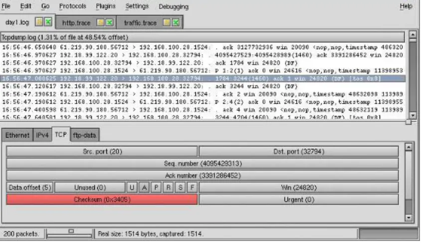Figure 4: Main window of the Netdude GUI, with three trace files opened and the TCP header of the selected packet displayed