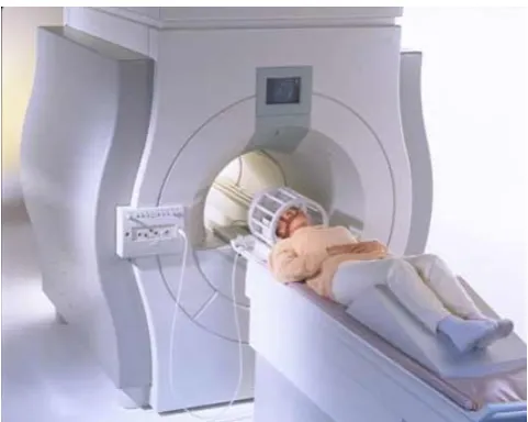 Figure 1: Parallel MRI in practice. In this photo, an MRI of the brain is made using 12 parallel receive coils.