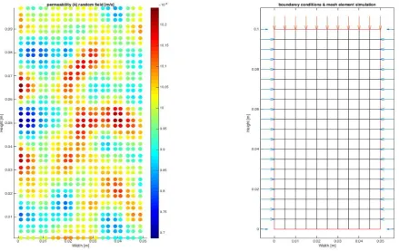 Figure 6 FEM mesh element scale simulation: (a) random permeability field; (b) mesh and BC 