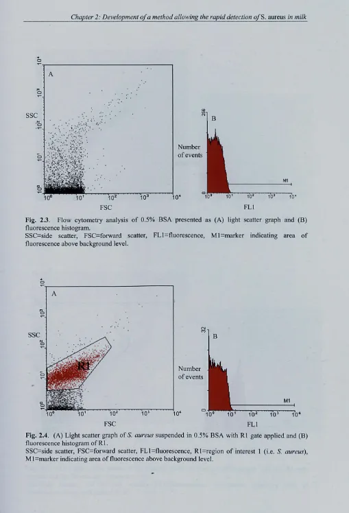 Fig. 2.3. Flow cytometry analysis of 0.5% BSA presented as (A) light scatter graph and (B) fluorescence histogram