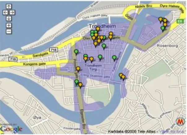 Figure 2.1: Coverage area of Wireless Trondheim in Trondheim City [1]. The green  balloons show cafes or restaurants with wireless coverage in most of the premises