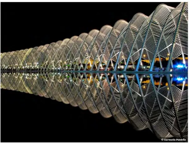 Fig. 4. Calatrava, The Agora curved colonnade, courtesy Garmatis Pantelis.  Source: http://www.pixoto.com/images-photography/buildings-and-architecture/architectural-detail/athens-olympic-park-calatrava-agora-114338640   