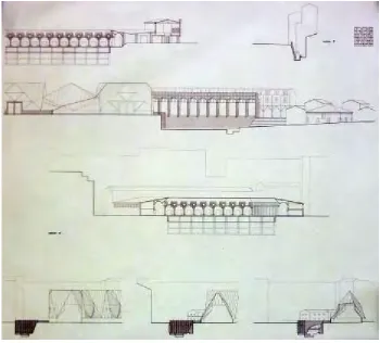 Fig. 3. Drawing of competition. Sections on “Serra”, “Darsena” and “Quadriportico”.  (Courtesy of Stefano Piazzi architect
