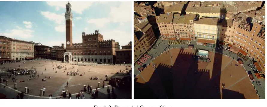 Fig. 1-2. Piazza del Campo, Siena.  Sources: on the left https://villaroseto.files.wordpress.com/2013/03/siena3.jpg and on the right 