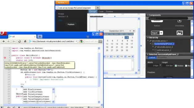Figure 2. Screenshots of the Arvue IDE. Code editor at left and graphical UI designer at right.