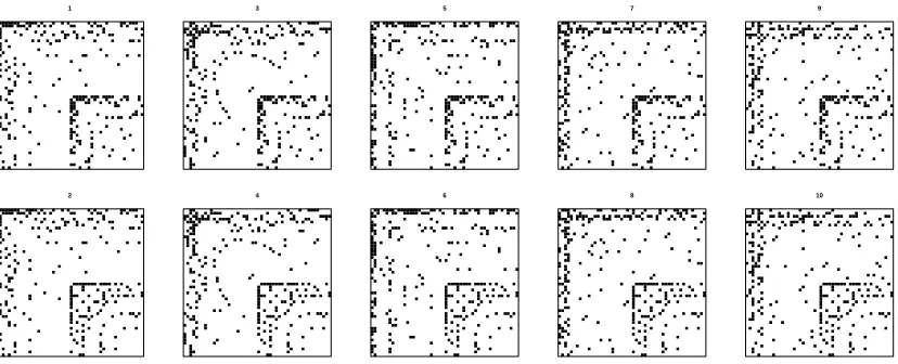 Figure 3: Simulation study 2: image plots of the adjacency matrices from all graphical models.Graphs in the same row share the same connectivity pattern at the bottom right block,whereas graphs in the same column share the same pattern at remaining locations.