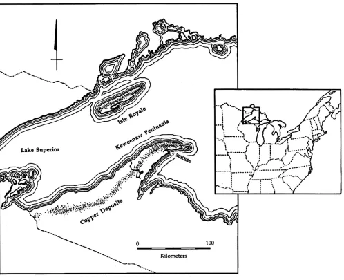 Figure 1. Location of selected native copper deposits in the Lake Superior district, United States/Canada border region (drawing by Patrick E