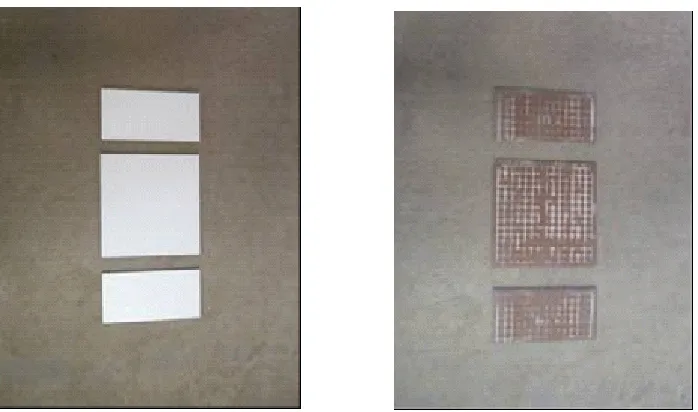 Fig. 3: Samples of fired products. Centre one is sample tile of regular production made withfeldspar (25%)