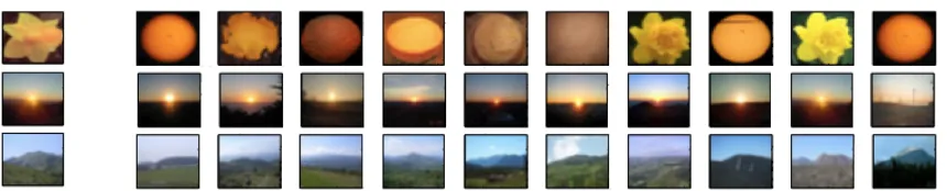 Figure 1: Cluster exemplars (left column) discovered by our distributed algorithm GreeDidescribed in Section 4 applied to the Tiny Images dataset (Torralba et al., 2008),and a set of representatives from each cluster.