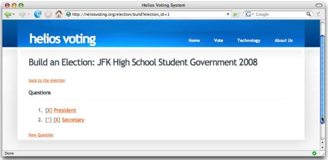 Figure 2: The Helios Election Builder lets an administrative user create and edit ballot questions in a simple web-based interface.