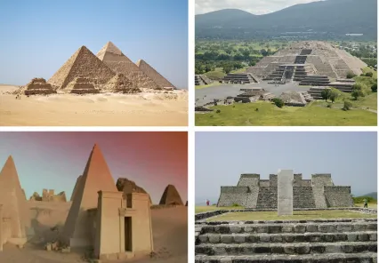 FIG A: Example architectural references for monolithic and pyramidal structures. Clockwise from top left 