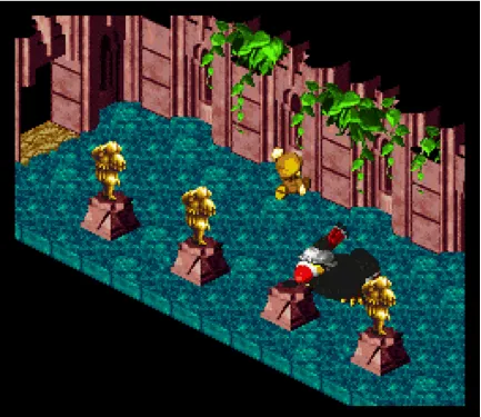 FIG B: This screenshot from the sequence, “Dodo's Coming” in Super Mario RPG, illustrates the visual 
