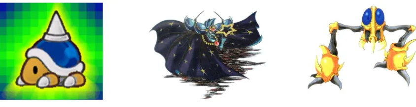 FIG E: From left to right, Nintendo characters Buzzy Beetle, Nightmare, Sidehopper.