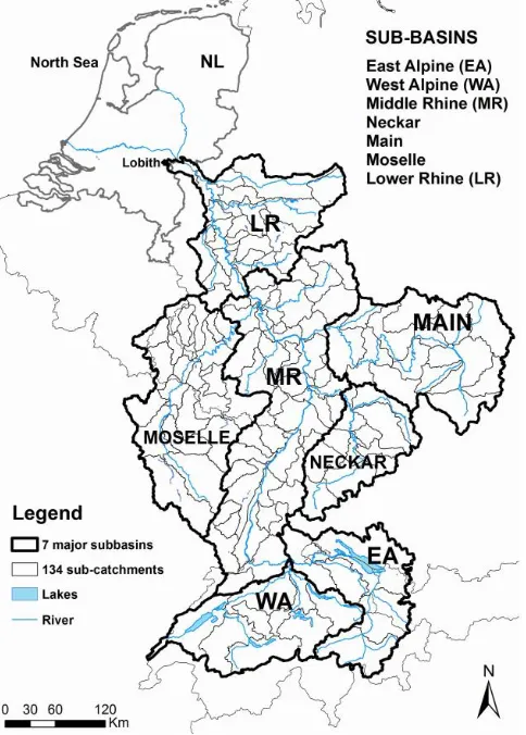 Figure 6 Seven major sub-basins of the Rhine upstream of Lobith (Demirel et al., 2013) 