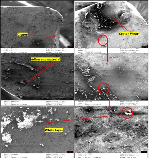 Fig. 12. SEM images of Flank and Crater wear and rake face of the cutting inserts.  