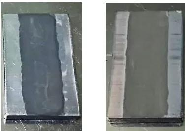 Fig. 3. Test sample photographs during TIG hardfacing on the substrate with precoated film containing electroless nickel plated and flux coated micro/nano SiCp particles