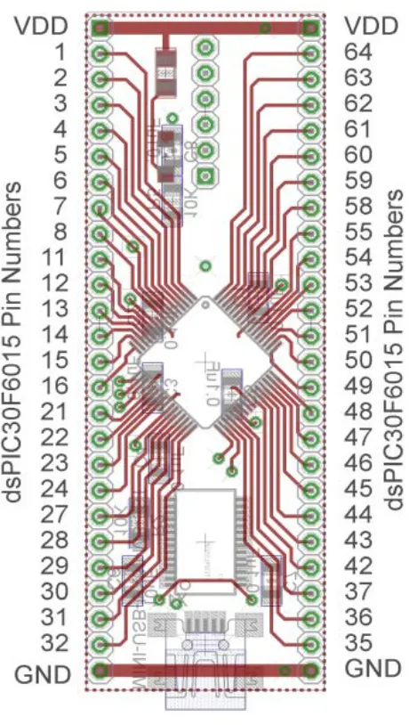 Figure 2. dsPIC30F6015 carrier. Note that the pin numbers are not consecutive. 