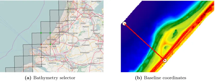 Figure 3.4: GUI interface whereand (a) a 2D JARKUS bathymetry ﬁle is selected and downloaded (b) any 2D bathymetry is shown in a map where the boundary coordinates for the XBeach gridbaseline can be selected.