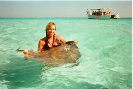 Figure 4: Kate holds a southern stingray at Stingray City in the Cayman Islands. These stingrays have been classically conditioned to associate the sound of a boat motor with food provided by tourists.