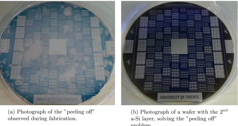 Figure 5.2: Photographs of two wafers, with and without the ”peeling oﬀ”problem.