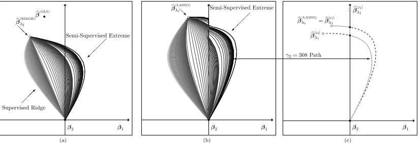 Figure 5: Paths of candidate β�γ,λ for the Figure 1 block example varying γ1 > 0 withdarker curves for larger γ2 > 0 are compared