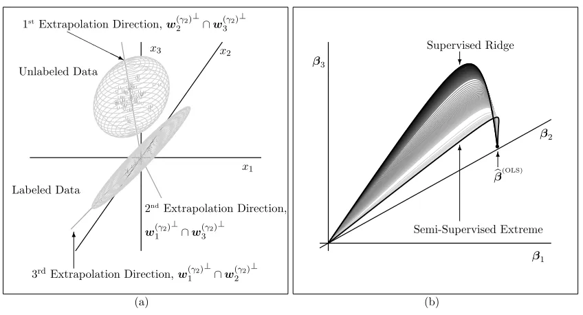 Figure 7: A p = 3 extrapolation data set is displayed. (a) The feature data along withthe three extrapolation directions in the semi-supervised extreme of γ2 = ∞ areplotted