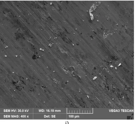 Fig. 5. SEM image of the sample for a) S1-5N, b) S1-10N, c) S1-15N, d) S2-5N, e) S2-10N, f) S2-15N, g) S3-5N, h) S3-10N, i) S3-15N load condition after wear