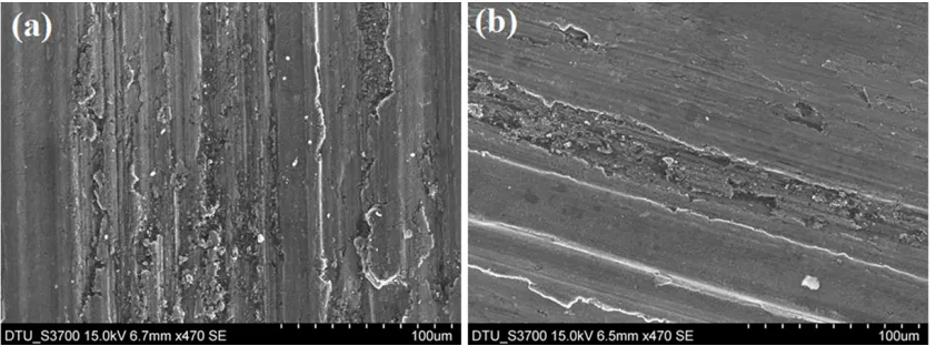 Fig. 8: SEM images of worn out surface of (a) Base material (b) FSPed-Al/ZrO2-15%