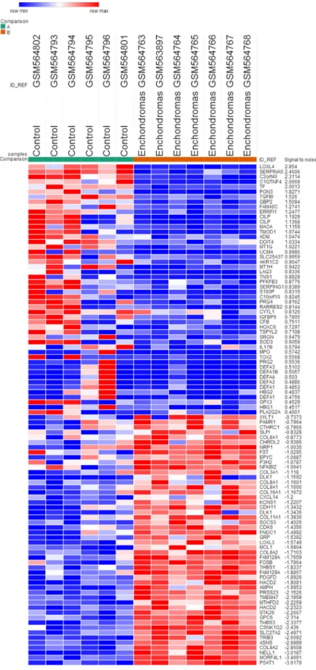 Figure 1: The heat map of the DEGs (top 50 up-regulated and down-regulated genes).  Enchondromas samples versus control  samples