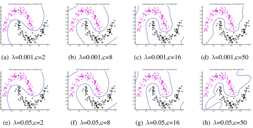 Figure 5: Decision boundaries produced by EE with diﬀerent parameter combinations ontwo moon data.