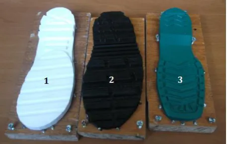 Fig. 9. Soles of different design, equal size, same material, made by the 3D printing method