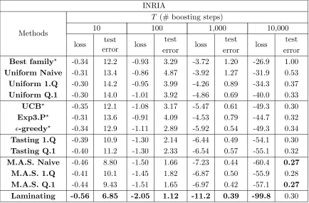 Table 2: Mean boosting loss (log10) and test error (%) after various number of boostingsteps on the INRIA data set with all families of features