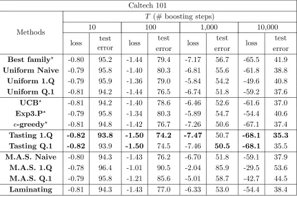 Table 3: Mean boosting loss (log10) and test error (%) after various number of boostingsteps on the Caltech 101 data set with all families of features