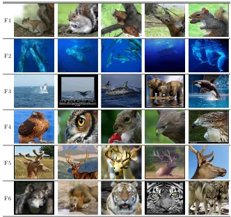 Figure 6: Six example features discovered iLSVM on the Flickr animal data set. For eachfeature, we show 5 top-ranked images.