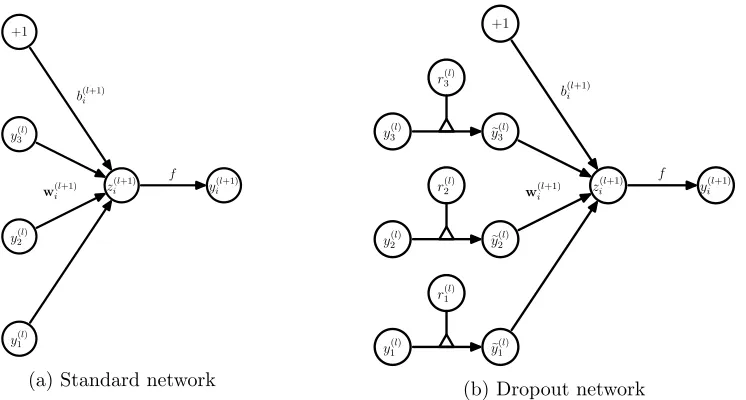 Figure 3: Comparison of the basic operations of a standard and dropout network.