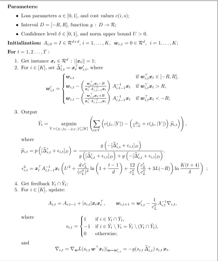Figure 2: The partial feedback algorithm in the (ordered) multiple label setting—the gen-eralized linear model case.