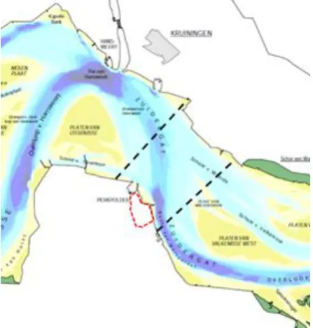 Figure 4.1 The overview of Perkpolder surroundings. The red dash line shows the location of the Perkpolder  intertidal area and in between of the two black dash lines, including Perkpolder intertidal area, indicates the domain of the Perkpolder model
