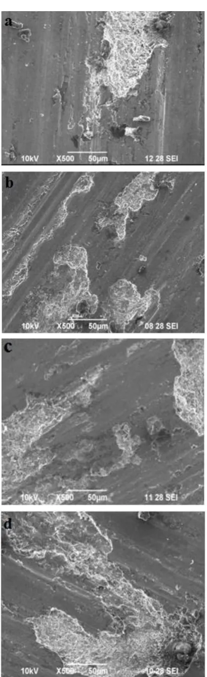 Fig. 6. SEM images of worn out specimens at various conditions, a) L=10 N, D=1500 m, b) L=20 N,D=2000 m, c) L=30 N,D=500 m, and  d) L = 40 N, D=1000 m