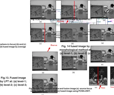 Fig.11 (a) reference image (everywhere-in-focus) (b) and (c)Blurred images in left and right (d) fused image by average