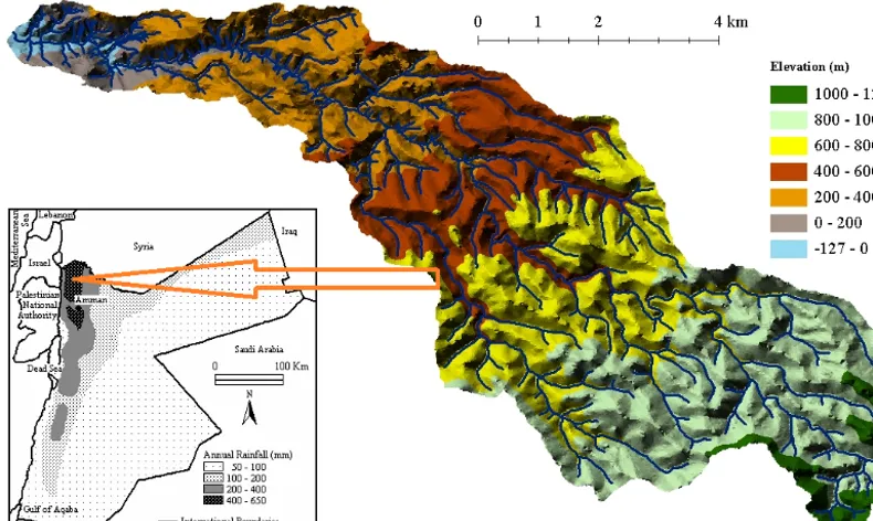 Figure 1. Location, boundary and elevations within the Wadi Ziqlab catchment.