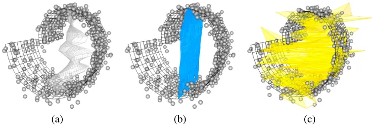 Figure 6: Optimization results on the Swissroll (wire frame). Projection g(λ(y)) of (a) test dataafter minimization (on a separate training sample shown in Figure 7) of (b) ˆq(λ,Y)2 and(c) dˆ(λ,Y)2